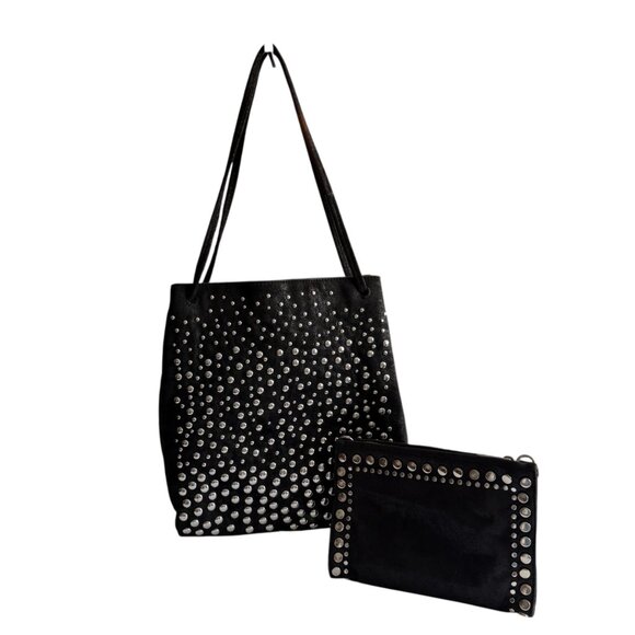 Zara Black Shoulder Bag Studded Design 10"x12"x3" Faux Suede Tote Purse Studs - Picture 12 of 12